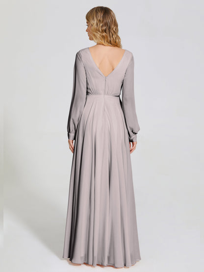 Cicinia Raegan V Neck Chiffon Bridesmaid Dress With Sleeves