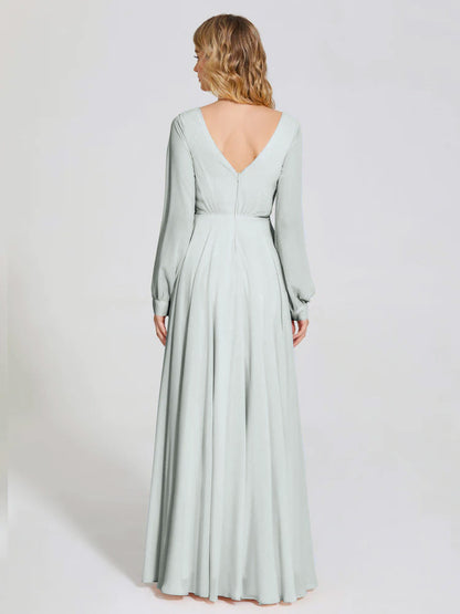 Cicinia Raegan V Neck Chiffon Bridesmaid Dress With Sleeves