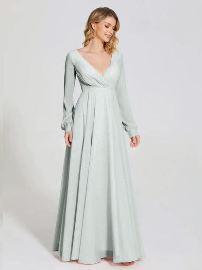 Cicinia Raegan V Neck Chiffon Bridesmaid Dress With Sleeves