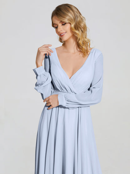 Cicinia Raegan V Neck Chiffon Bridesmaid Dress With Sleeves