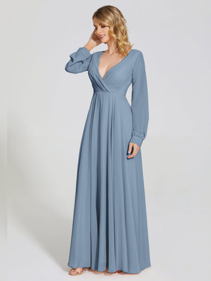 Cicinia Raegan V Neck Chiffon Bridesmaid Dress With Sleeves
