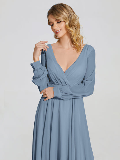 Cicinia Raegan V Neck Chiffon Bridesmaid Dress With Sleeves