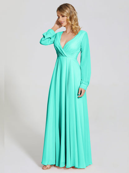 Cicinia Raegan V Neck Chiffon Bridesmaid Dress With Sleeves