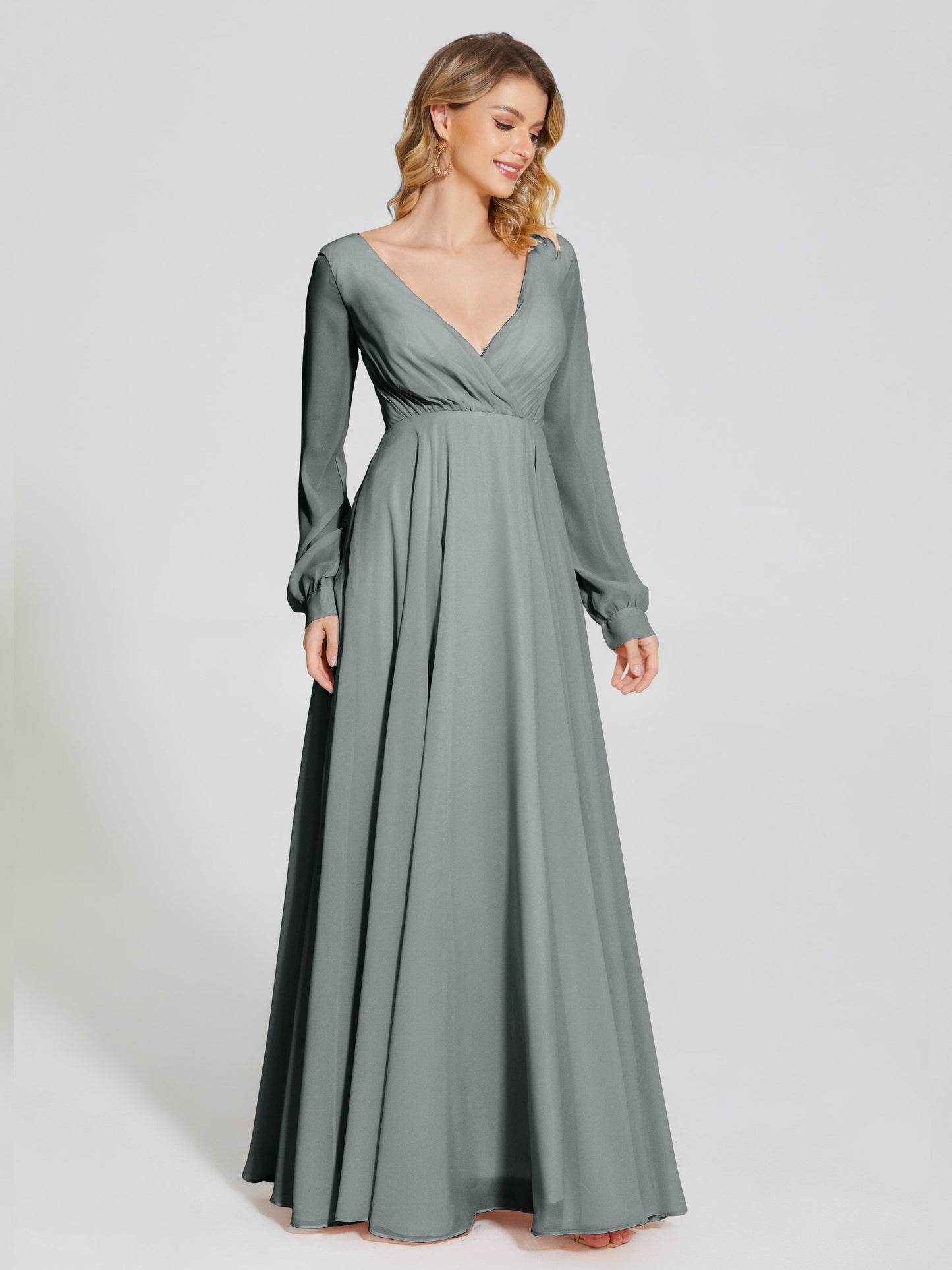 Cicinia Raegan V Neck Chiffon Bridesmaid Dress With Sleeves