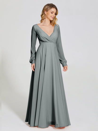 Cicinia Raegan V Neck Chiffon Bridesmaid Dress With Sleeves