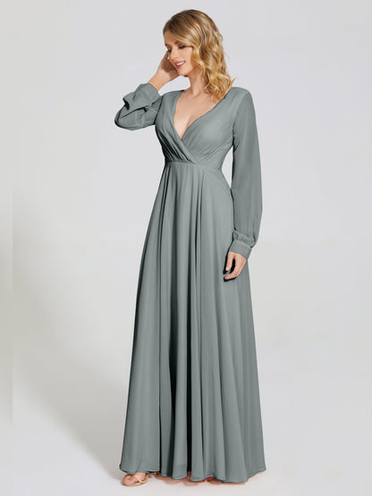Cicinia Raegan V Neck Chiffon Bridesmaid Dress With Sleeves