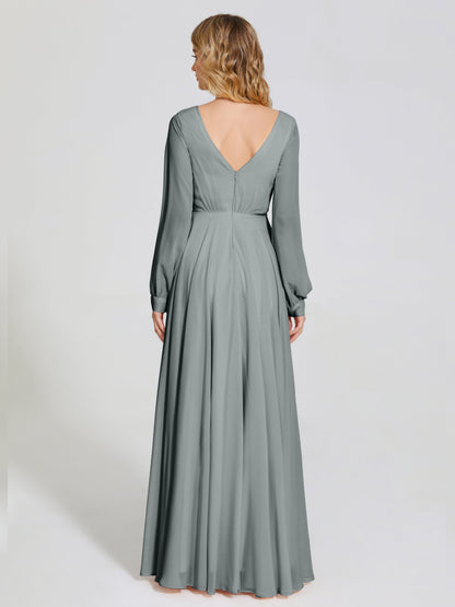 Cicinia Raegan V Neck Chiffon Bridesmaid Dress With Sleeves