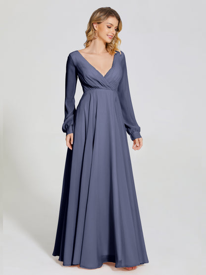 Cicinia Raegan V Neck Chiffon Bridesmaid Dress With Sleeves