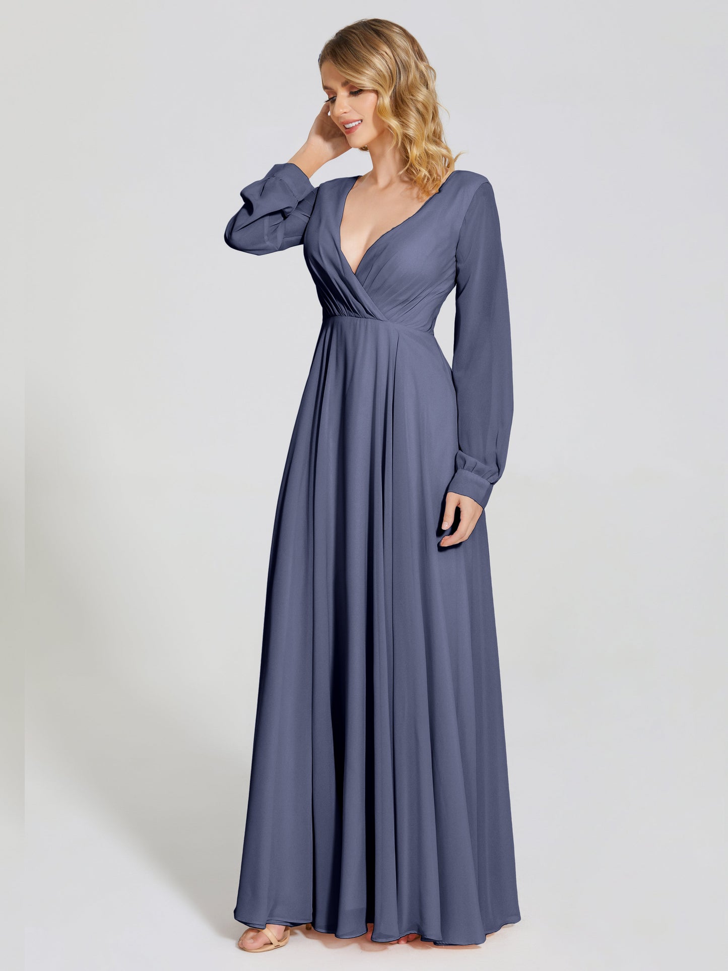 Cicinia Raegan V Neck Chiffon Bridesmaid Dress With Sleeves