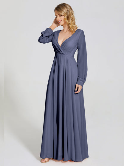 Cicinia Raegan V Neck Chiffon Bridesmaid Dress With Sleeves