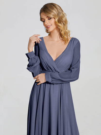 Cicinia Raegan V Neck Chiffon Bridesmaid Dress With Sleeves