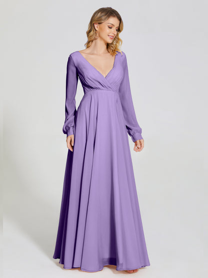 Cicinia Raegan V Neck Chiffon Bridesmaid Dress With Sleeves