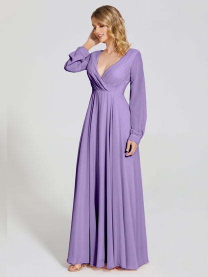 Cicinia Raegan V Neck Chiffon Bridesmaid Dress With Sleeves
