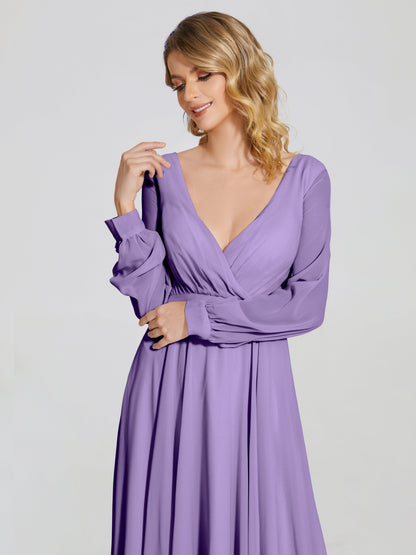 Cicinia Raegan V Neck Chiffon Bridesmaid Dress With Sleeves