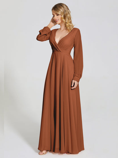 Cicinia Raegan V Neck Chiffon Bridesmaid Dress With Sleeves