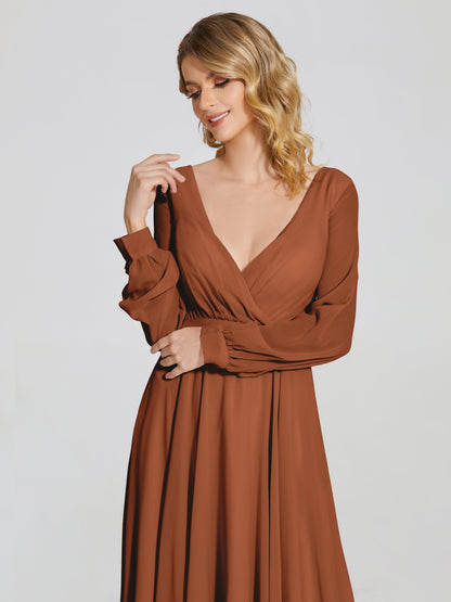 Cicinia Raegan V Neck Chiffon Bridesmaid Dress With Sleeves