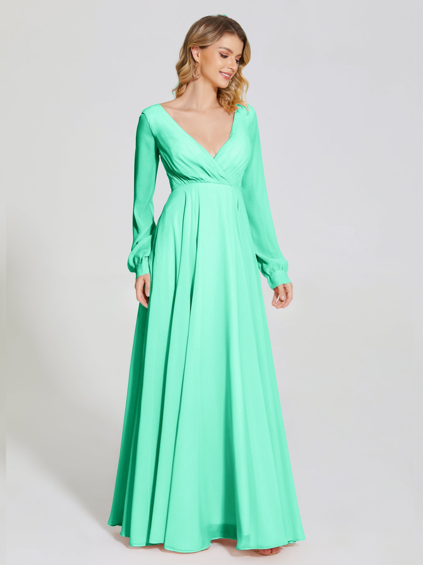 Cicinia Raegan V Neck Chiffon Bridesmaid Dress With Sleeves