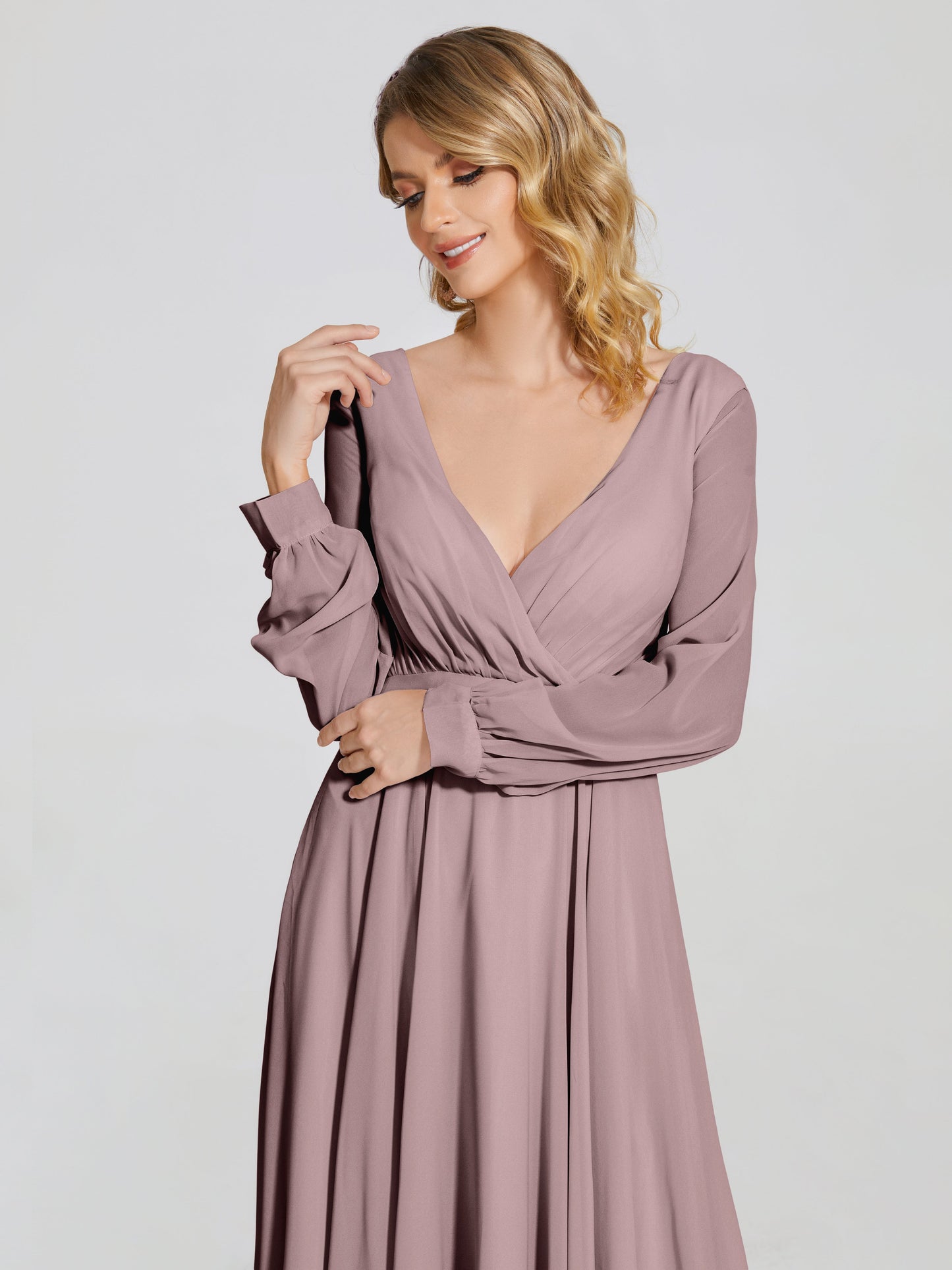 Cicinia Raegan V Neck Chiffon Bridesmaid Dress With Sleeves