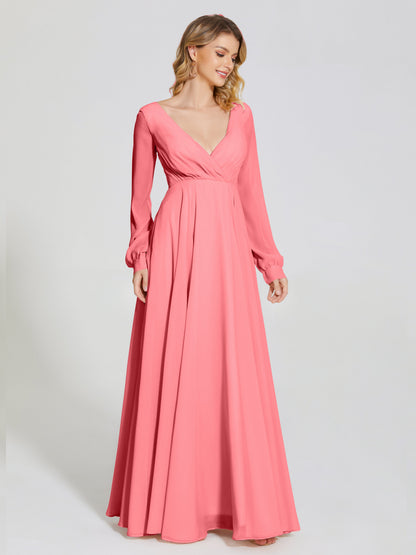 Cicinia Raegan V Neck Chiffon Bridesmaid Dress With Sleeves