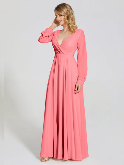 Cicinia Raegan V Neck Chiffon Bridesmaid Dress With Sleeves