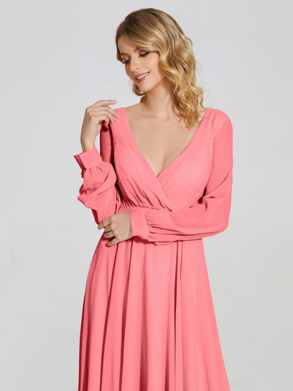 Cicinia Raegan V Neck Chiffon Bridesmaid Dress With Sleeves