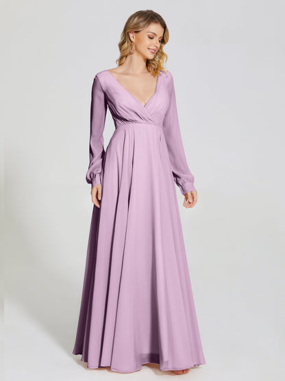 Cicinia Raegan V Neck Chiffon Bridesmaid Dress With Sleeves