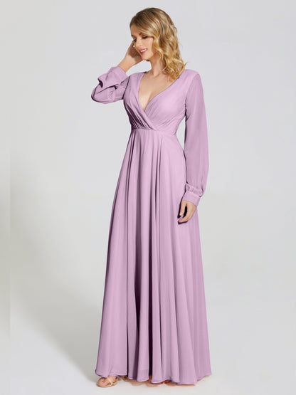 Cicinia Raegan V Neck Chiffon Bridesmaid Dress With Sleeves