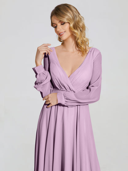 Cicinia Raegan V Neck Chiffon Bridesmaid Dress With Sleeves