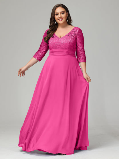 V-Neck Long Sleeves Lace Plus Size Bridesmaid Dresses