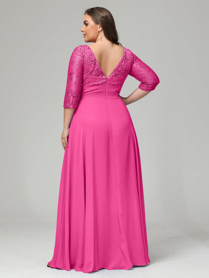 V-Neck Long Sleeves Lace Plus Size Bridesmaid Dresses