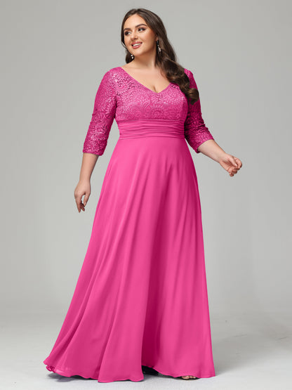 V-Neck Long Sleeves Lace Plus Size Bridesmaid Dresses