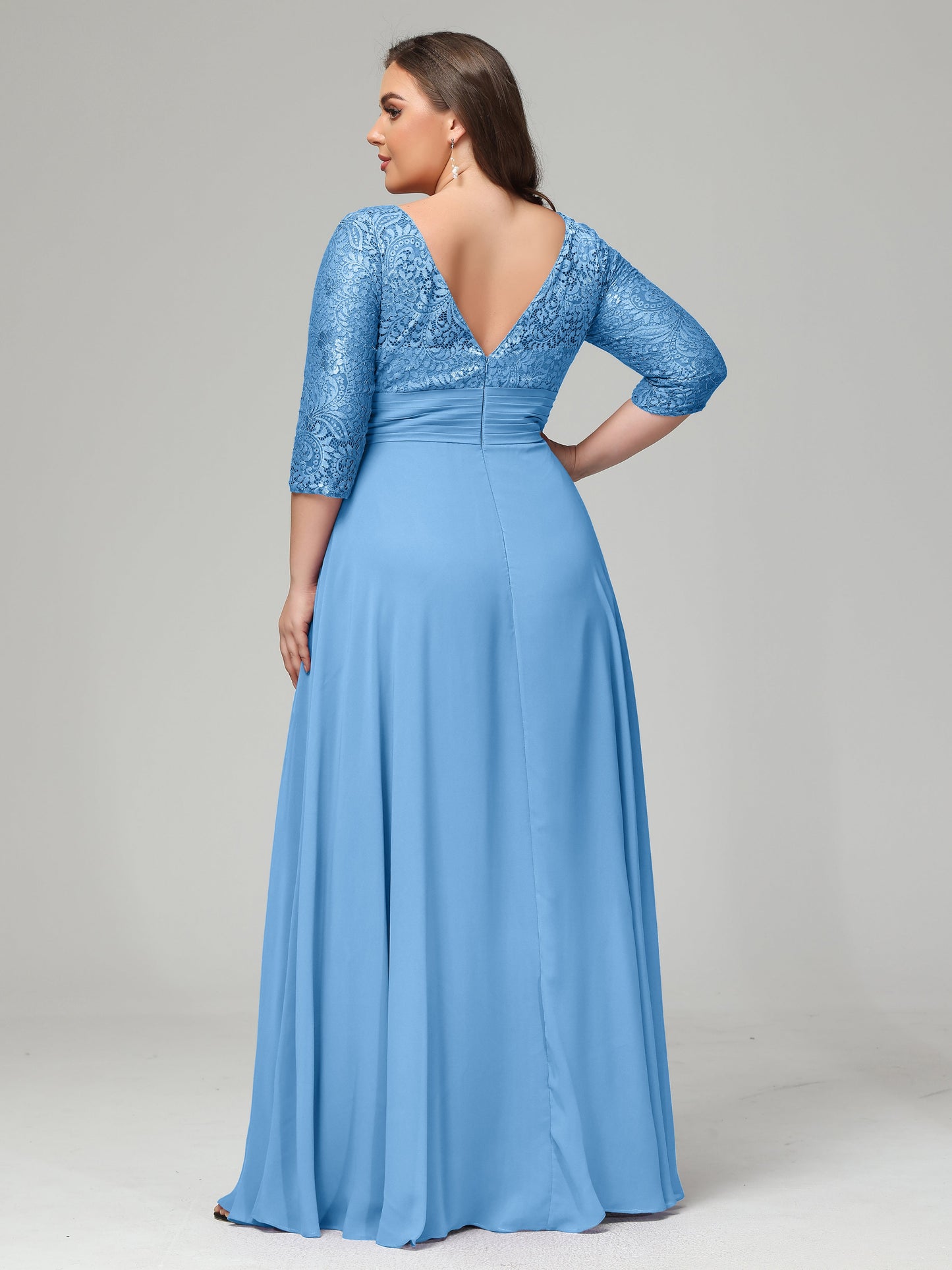 V-Neck Long Sleeves Lace Plus Size Bridesmaid Dresses