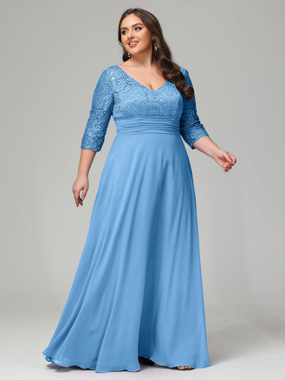 V-Neck Long Sleeves Lace Plus Size Bridesmaid Dresses