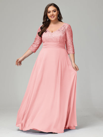 V-Neck Long Sleeves Lace Plus Size Bridesmaid Dresses
