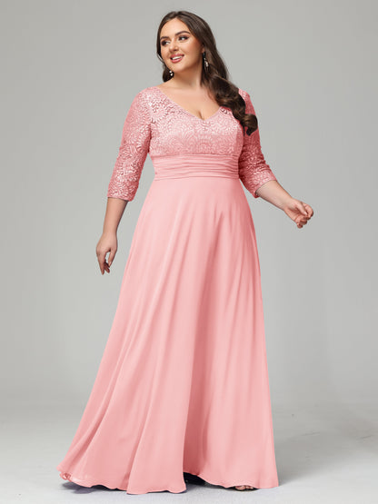 V-Neck Long Sleeves Lace Plus Size Bridesmaid Dresses