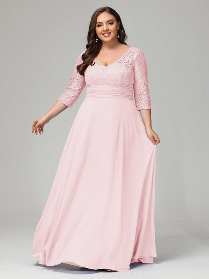 V-Neck Long Sleeves Lace Plus Size Bridesmaid Dresses