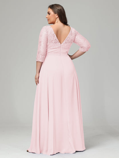 V-Neck Long Sleeves Lace Plus Size Bridesmaid Dresses