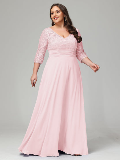 V-Neck Long Sleeves Lace Plus Size Bridesmaid Dresses
