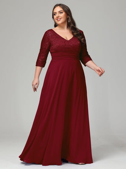 V-Neck Long Sleeves Lace Plus Size Bridesmaid Dresses