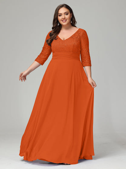 V-Neck Long Sleeves Lace Plus Size Bridesmaid Dresses