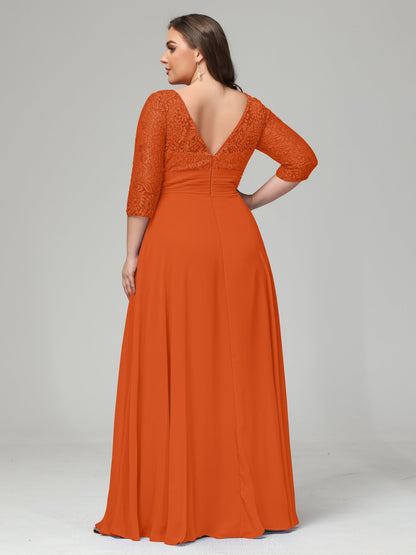V-Neck Long Sleeves Lace Plus Size Bridesmaid Dresses