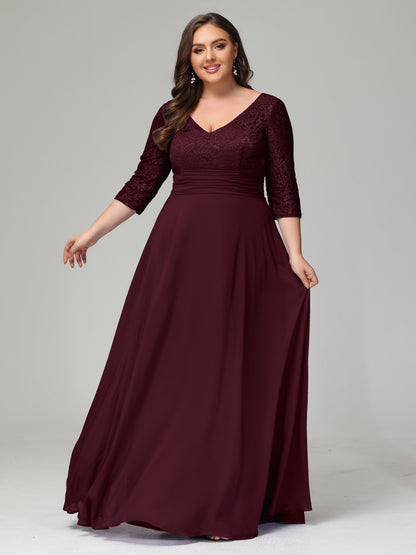 V-Neck Long Sleeves Lace Plus Size Bridesmaid Dresses