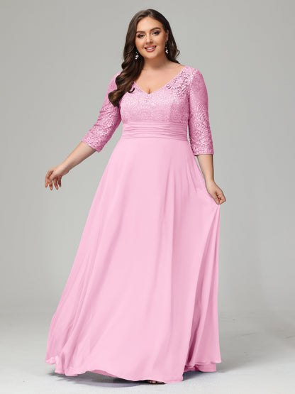 V-Neck Long Sleeves Lace Plus Size Bridesmaid Dresses
