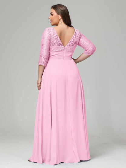 V-Neck Long Sleeves Lace Plus Size Bridesmaid Dresses