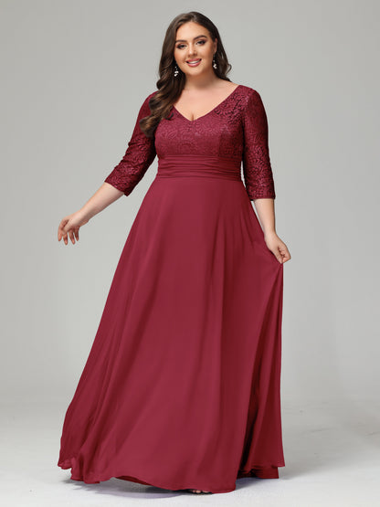 V-Neck Long Sleeves Lace Plus Size Bridesmaid Dresses