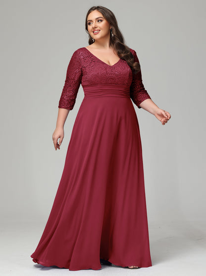 V-Neck Long Sleeves Lace Plus Size Bridesmaid Dresses