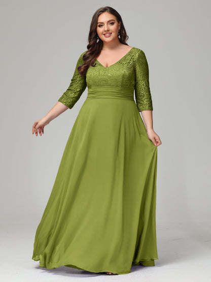 V-Neck Long Sleeves Lace Plus Size Bridesmaid Dresses