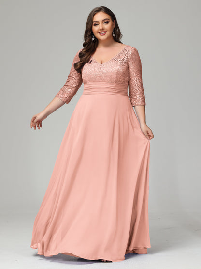 V-Neck Long Sleeves Lace Plus Size Bridesmaid Dresses