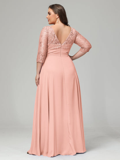 V-Neck Long Sleeves Lace Plus Size Bridesmaid Dresses