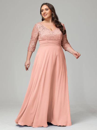 V-Neck Long Sleeves Lace Plus Size Bridesmaid Dresses